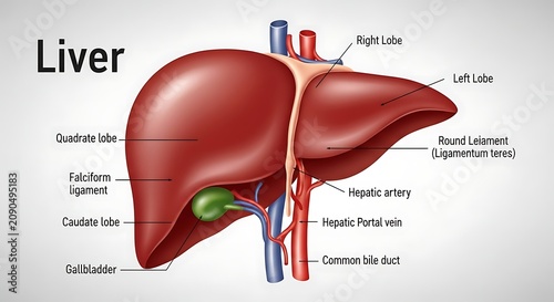 Human liver anatomy diagram with labeled internal structures.