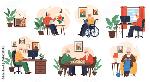Scenes of active senior citizens enjoying diverse hobbies including painting, knitting, chess, and using computers.