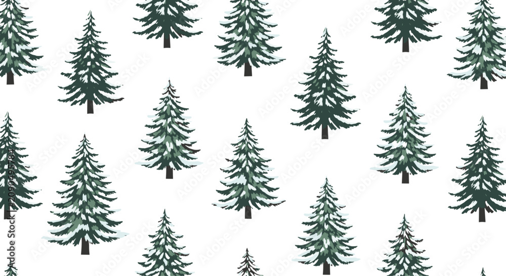 Obraz premium Seamless winter pattern featuring numerous dark green evergreen trees covered in fresh white layers of snow.