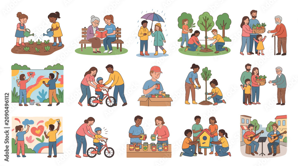 Fototapeta premium Diverse group of people engaging in various community and social activities illustration.