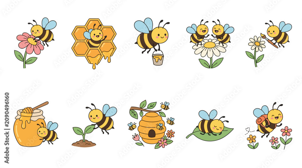 Obraz premium Set of cute cartoon bees with honey and flowers.