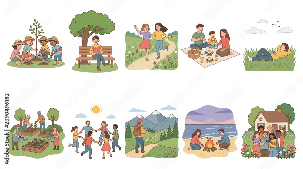 Naklejka premium Set of cartoon people enjoying various outdoor activities in nature.