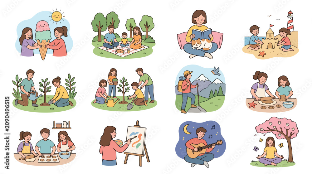 Fototapeta premium Set of illustrations depicting diverse family and social activities in daily life.
