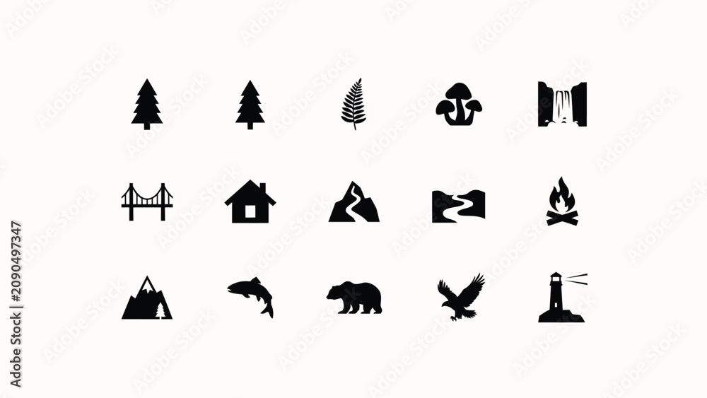 Obraz premium Minimalist black and white icon set with wildlife alongside architectural symbols such bridges modern silhouette style against neutral background