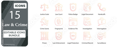 Law and Crime Editable Gradient Icons Bundle | Justice, Police, Investigation and Legal Vector Pack