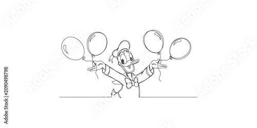 Фотография Happy donald duck cartoon character holding four floating balloons in a simple b