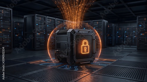 Security cube with padlock inside glowing shield in data center.