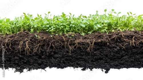 Cross-section of soil showing plant roots and seedlings against a white background.