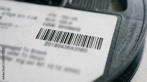 Close up of a barcode label on a black industrial spool.