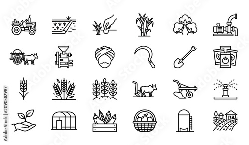 Quadro su tela Indian Agriculture Line Icons Set Farming Tools and Crops Vector Collection
