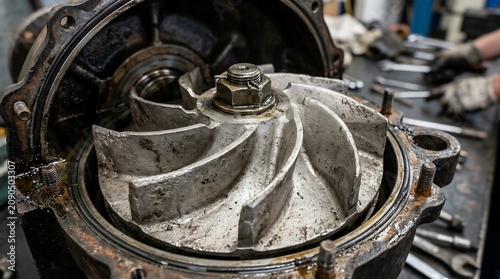 Close up of an industrial water pump impeller being repaired in a workshop.