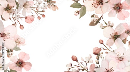 Delicate pink flowers frame a white background, ideal for text or design.
