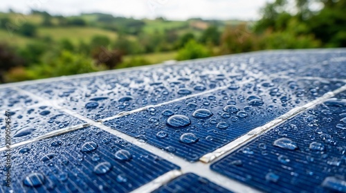Close up of rain drops on a blue solar panel surface.