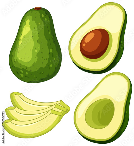 Organic Avocado Set with Whole Fruit Halves and Sliced Pieces