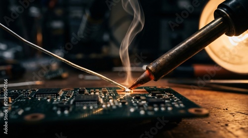 Close up of soldering iron melting solder on a circuit board.