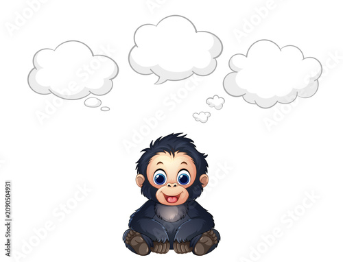 Cartoon Gorilla Sitting with Multiple Blank Thought Bubbles Above Head
