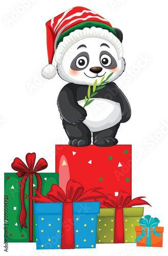 Cute Cartoon Panda Wearing Santa Hat Standing on Christmas Gift Boxes