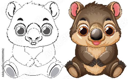 Cute Cartoon Wombat Vector Illustration with Coloring Page Version