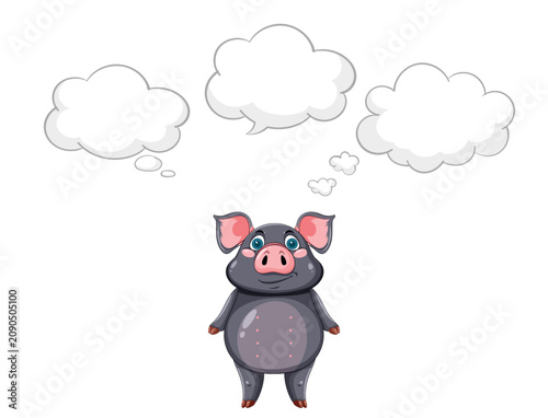 Cartoon Black Pig with Empty Thought Bubbles Vector Illustration
