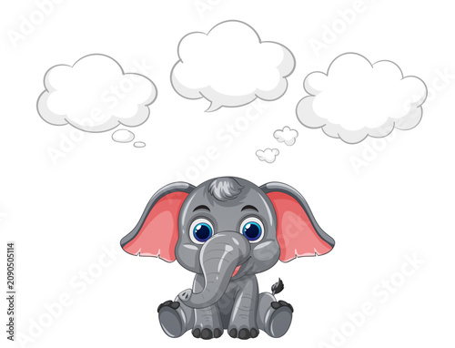 Cartoon Elephant Character Sitting with Blank Thought Bubbles Vector Illustra...