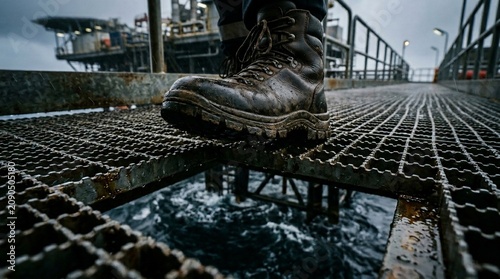 Close up of worker boots walking on metal grating on an offshore oil platform.