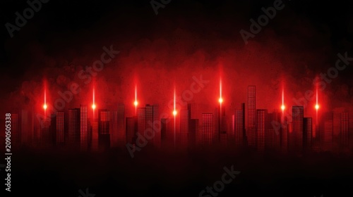 dark city skyline with glowing red lights atop buildings, creating a futuristic and intense atmosphere against a textured red and black background.