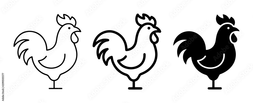 Obraz premium Minimalist rooster icon set, black line art chicken vector, farm animal logo collection