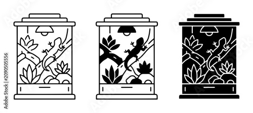 Φωτογραφία Terrarium lizard icon set, reptile glass tank vector, pet vivarium habitat silho