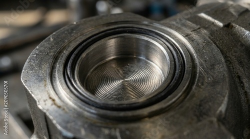 Close up view of a precision machined metal part with an installed rubber O-ring seal.