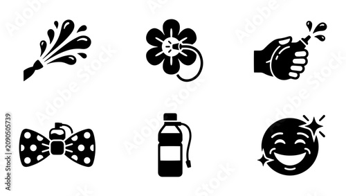 Konstfotografi Prank and joke icons set, 6 black solid vector symbols, funny gag and comedy ele