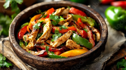 Delicious grilled chicken fajitas with bell peppers in a wooden bowl.