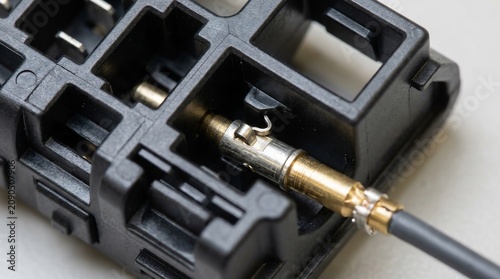 Close-up of automotive electrical wire terminal insertion into plastic connector block.
