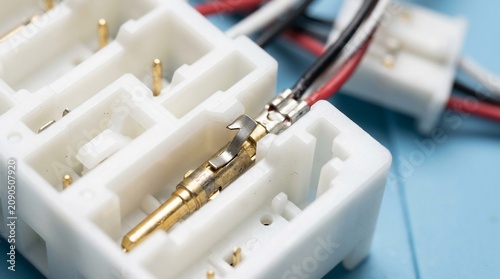 Close-up of electrical connector pins in a white plastic housing.