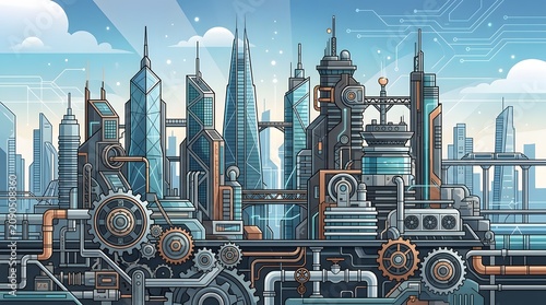 Futuristic steampunk city with modern skyscrapers tech machinery gears and pipeline illustration art