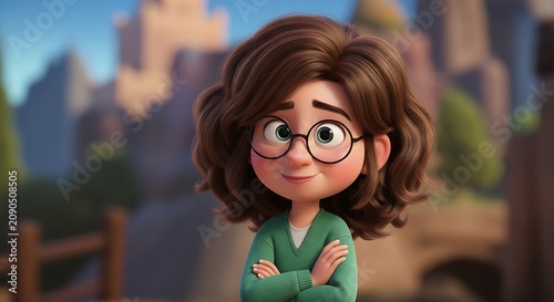 Young girl with glasses holding a green apple outdoors.