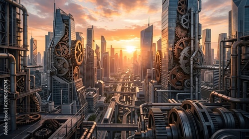 Steampunk Metropolis Futuristic Cityscape With Complex Gear Mechanisms And Sunset Horizon Skyline