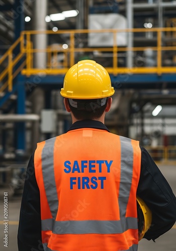 Safety First Industrial Worker in High Visibility Vest and Hard Hat