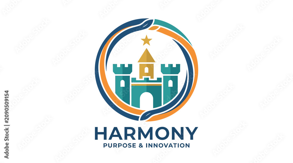 Fototapeta premium Modern corporate logo design featuring a castle icon with circular abstract elements.