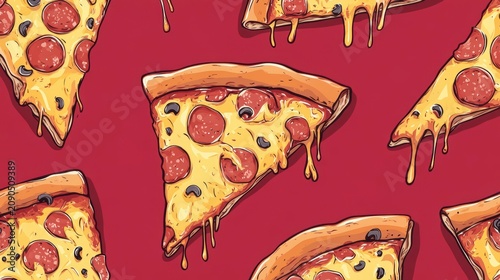 Delicious pepperoni pizza slices with melted cheese on a red background.