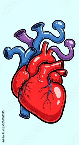 3D rendered heart with blood vessels and heart valves.