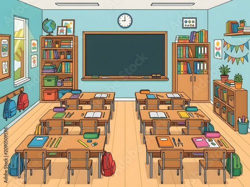 A classroom with desks and chairs arranged neatly facing a blackboard