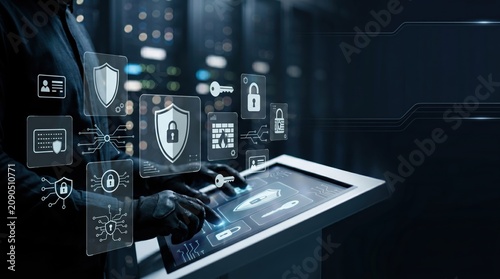 Cybersecurity expert protecting energy grid infrastructure with advanced digital security icons and shields, safeguarding smart power systems from cyber threats in high tech con...