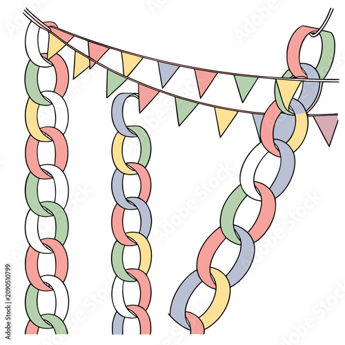 Colorful paper chain decorations hanging alongside a string of triangular bunting flags against a plain white background, for celebration