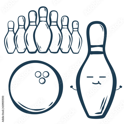 Quadro su tela Cute Kawaii Bowling Characters Vector Set outline Flat Style Sports Illustration