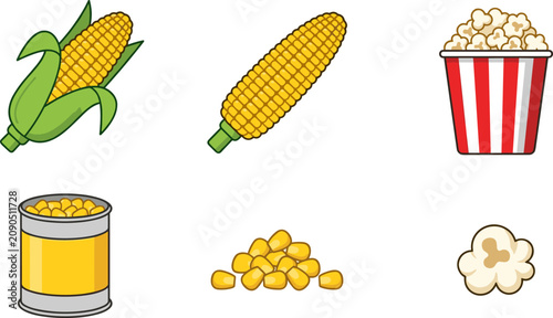 Corn collection vector illustration featuring fresh sweetcorn ear cob striped popcorn bucket canned corn pile of kernels isolated on white background