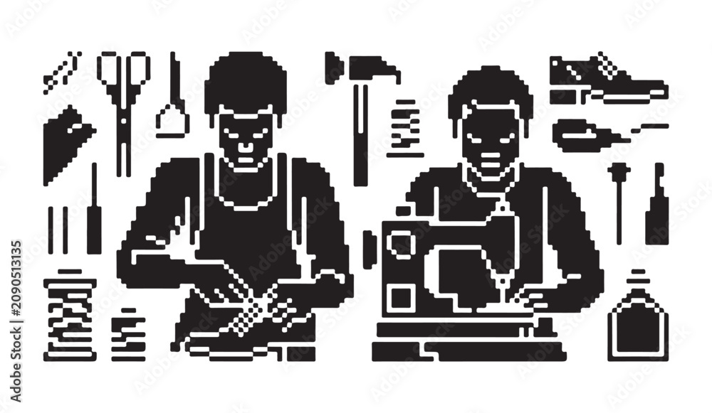 Fototapeta premium Set of shoe repair workshop elements with workers tools and sewing machine in pixel style.