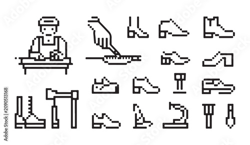Bild auf Leinwand Icons of shoemaking trade featuring cobbler workers and tools for shoe repair in pixel art