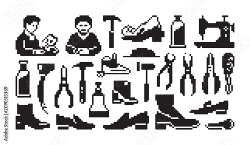 Schilderij op canvas Shoemaker and repair tools pixel perfect solid icons for dark and light mode