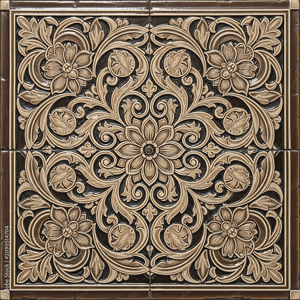 Fototapeta premium Ornate Beige Floral Relief Pattern on Decorative Ceramic Tile Surface