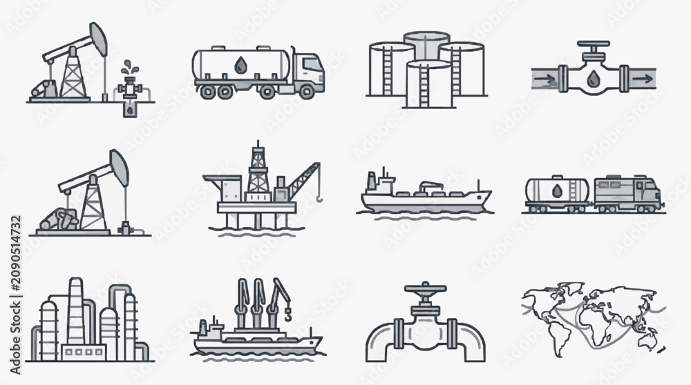 Obraz premium Dynamic Monochrome Illustrations of Global Oil and Gas Industry Infrastructure and Transportation